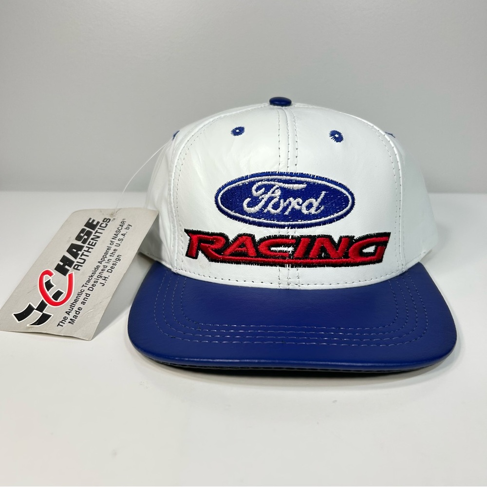 Vtg Ford Racing Chase Authentics Leather NASCAR Motorsport StrapBack Hat Cap New